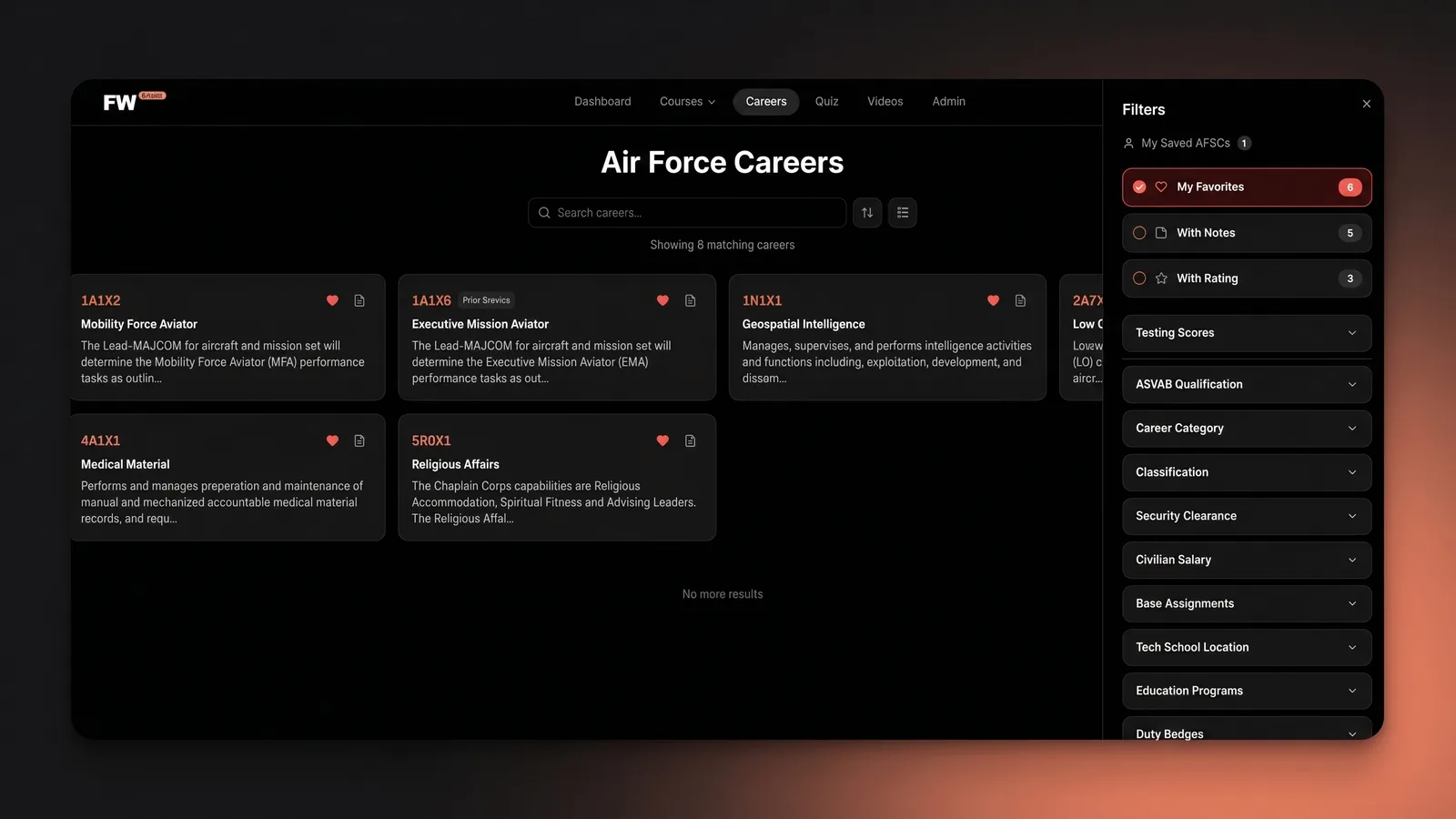 The AFSC Career Explorer showing the enlisted career list with filters
